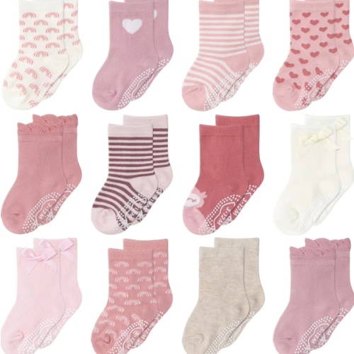 The Peanutshell Organic Baby Girl Socks 0-24 Months Set of 12 - Non-Slip Grip, Soft Cotton Newborn & Toddler Socks - Blush
