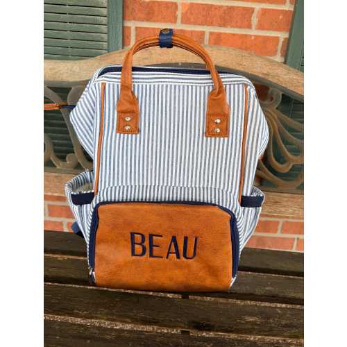 Personalized Embroidered Monogram Blue Pink Seersucker vegan leather diaper Bag BackpackBag