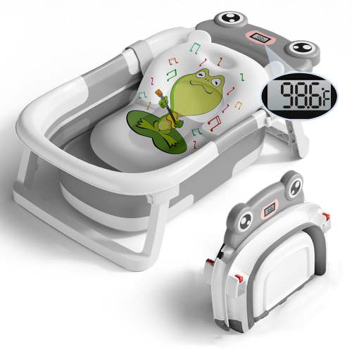 stusgo Collapsible Baby Bathtub, Plastic Frog Baby Bath Tub with Soft Cushion & Thermometer（Grey）