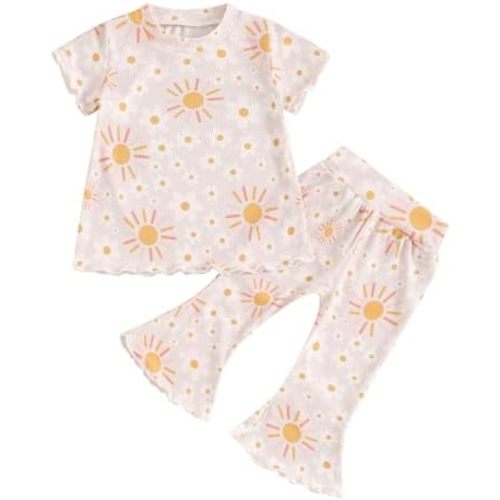 Toddler Baby Girl Clothes Ribbed Knit Floral Ruffle T-Shirt & Flare Pants Bell-bottoms Summer Fall Outfit Set