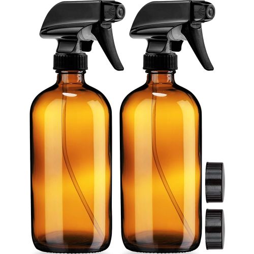 Sally's Organics Empty Amber Glass Spray Bottles - 2 Pack - Large 16oz Refillable Bottle for is Great for Essential Oils, Plants, Cleaning Solutions, Hair - Durable Nozzle - Fine Mist/Stream Setting