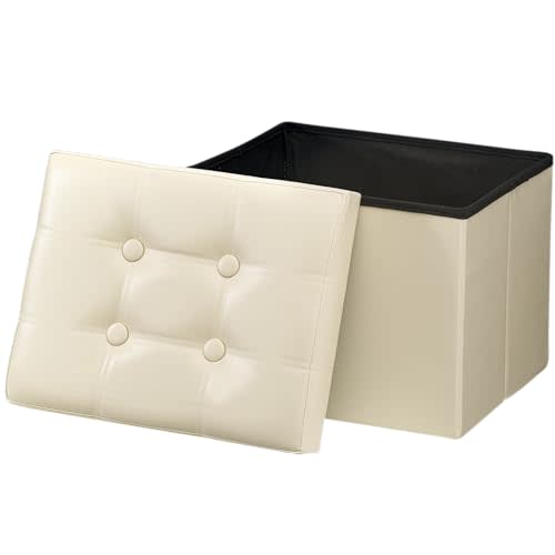 Bsketa Storage Ottoman, Folding Foot Stool with Thicker Foam Padded Seat Small Leather Storage Ottoman Bench Foot Rest for Living Room Foldable Coffee Table 17x13x13in,Beige