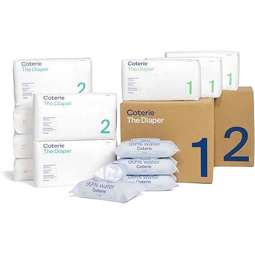 Coterie Baby Diapers + Wipes Baby Kit, Size 1 (99 Count) Size 2 (186 Count) 4 Wipe Packs (224 Wipes) Made with Plant-Based Fibers, Hypoallergenic, Designed for Sensitive Skin, Clean Ingredients