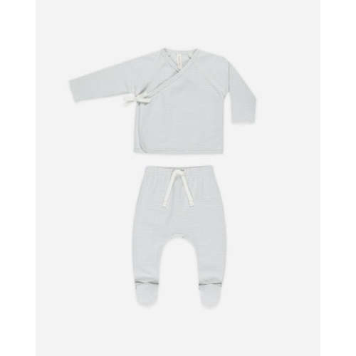 Wrap Top + Footed Pant Set || Sky Micro Stripe