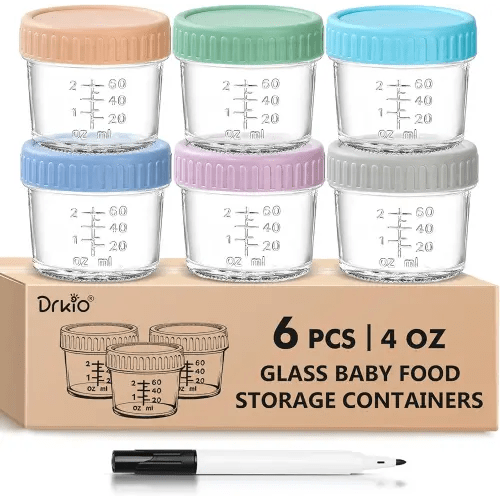 DRKIO 6 Pack Glass Baby Food Storage Containers - 4 Oz Baby Food Jars with Lids Baby Food Maker Microwave Dishwasher Freezer Safe 100% Leak Proof BPA Free Reusable