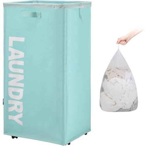 TOTANKI 29" X-Large Rolling Laundry Basket on Wheels with Removable Bag, Foldable Laundry Hamper with Handle, Collapsible Laundry Sorter and Organizer, Tall Storage Basket Bin (Light Blue)