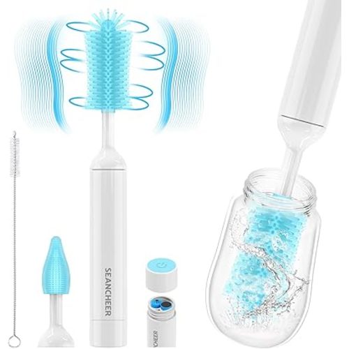 Electric Bottle Brush Cleaner, Waterproof Electric Baby Bottle Brush Cleaner, AA Battery-Powered & 360° Wrist-Friendly, with Silicone Bottle/Nipple/Straw Brush, Perfect Essentials for New Parents