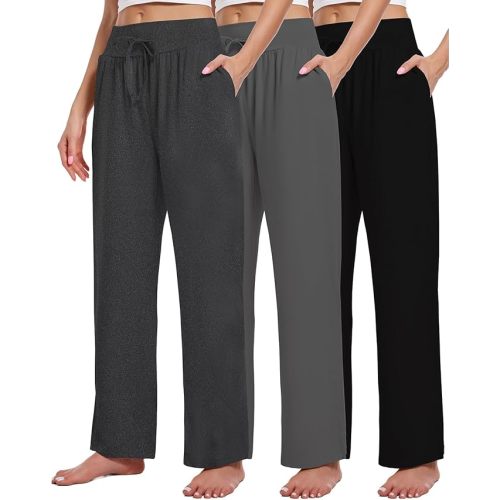 3 Pack Women's Lounge Pants Wide Leg Yoga Sweatpants with Pockets High Waisted Drawstring Lounge Loose Workout Jogger