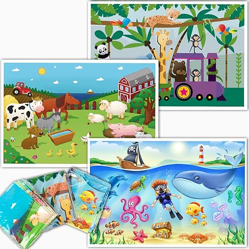 40 Pack Disposable Placemats for Baby, 3 Design Pack Baby Eating Mat, 12" x 18" Sticky Kids Placemats, Baby & Toddler Placemat for Restaurants, Plastic Kids Placemats for Dining Table