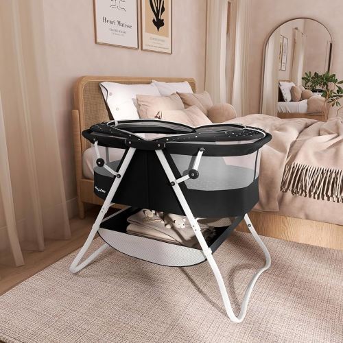 Dream On Me Karley Bassinet, Award Winner Lightweight Travel Baby Bassinet, Foldable Bedside Sleeper, Adjustable Double Canopy, Spacious Design, Soft Fabric, Storage Basket – Black and White