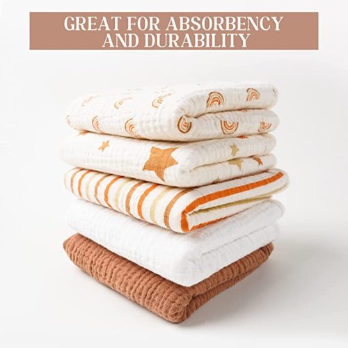 MairMore 5 Pack Muslin Baby Burp Cloths- Neutral Muslin Burping Cloths for Baby Boys Girls and Newborn Towel, Unisex- Large Absorbent Burp Cloths-20x10 Inches - Terracotta