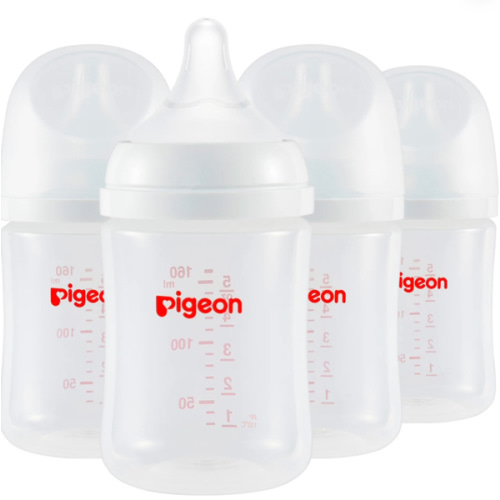 Pigeon Glass Nursing Bottle Wide Neck, Anti-Colic, Streamlined Body, Natural Feel, Easy to Clean, Heat-Resistant, 5.4 Oz(Pack of 2), Includes 2pcs SS Nipples (0m+)