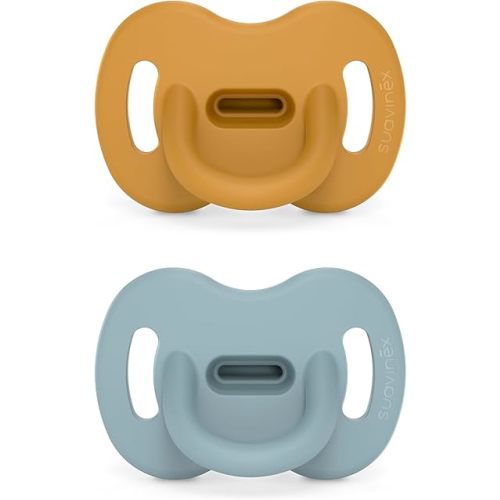 Color Essence SX PRO Silicone Baby Pacifier 2Pk, Made with 100% Soft Silicone, Baby Essentials Perfect for Breastfeeding Babies, Designed in Spain, 6-18 Mths, Mustard/Blue