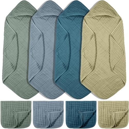 8 Pcs Baby Bath Towel and Washcloths Set 32 x 32 Inch Muslin Cotton Hooded Baby Towels Absorbent Hooded Blankets for Girl Boy Newborn Infant (Dark Green,Dark Blue)