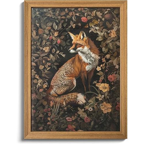AKWISH Framed 3D Textured Vintage Wall Art - Dark Academia Decor Hand Drawn Sandstone Fox Paintings with Botanical Florals, Aesthetic Wall Decor for Living Room Bedroom Home 12x16 inch