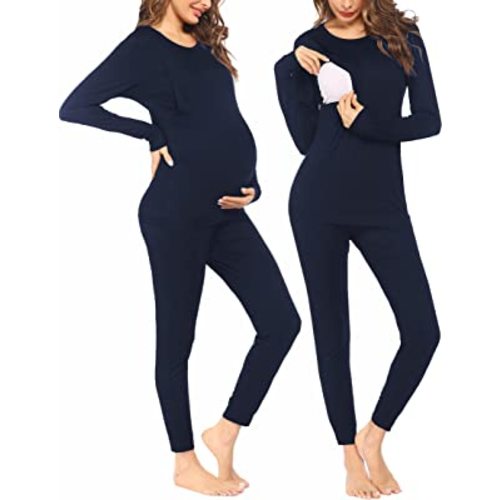 Ekouaer Maternity & Nursing Thermal Underwear Set Striped Knit Long Johns Set Top & Bottom Base Layer for Pregnant Women