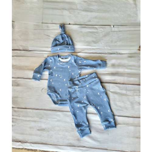 Gender Neutral Baby Outfit, Blue Long Sleeve Galaxy Bodysuit, Onesie, Hat and Pants Set, Sizes Preemie to 18 months,