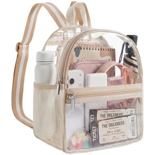 Missnine Small Clear Backpack for Stadium Events Anti-theft Mini Clear Bag for Sport Event Concert with Cute Pom-pom Ball