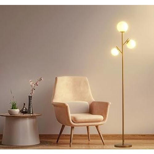 3 Globe Gold Mid Century Floor Lamp, Modern Standing Lamp with Frosted Glass Shade & 3pcs Warm White LED Bulbs, Contemporary Tall Tree Lamp for Living Room, Bedroom - Antique Brass