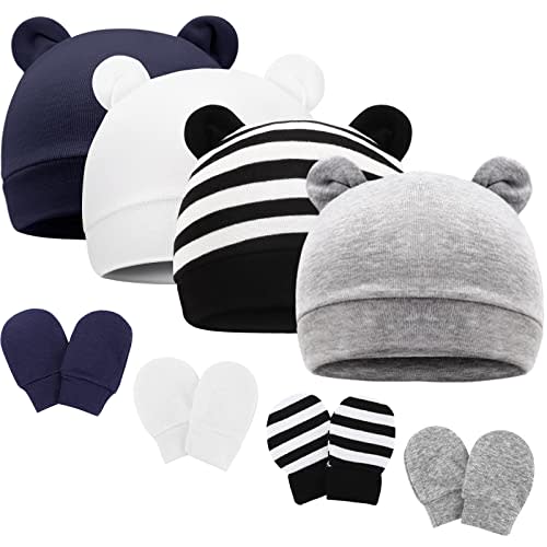 BQUBO Newborn Baby Bear Ears Hats and Mittens Sets Preemie Cotton Caps Baby Boy Girl Infant Hospital Beanie