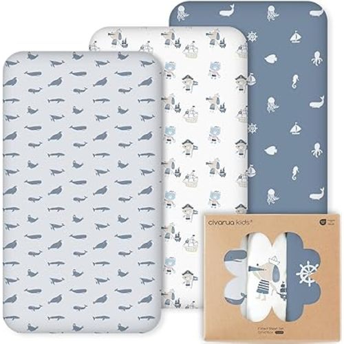 Nap Mat Sheet 47"x24", 3 Pack Blue Ocean Sailor Baby Crib Sheets Fitted Elastic Corners, Preschool Day Care Rest Mat Cover, Soft Breathable - Compatible with Regalo My Cot, Joovy Travel Cot