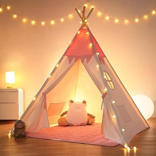 Teepee Tent for Kids Indoor,Kids Play Tent, Tipi Tent Girls Boys,Toddler Teepee, Baby Teepee, Children Room, Reading Tp,Canvas Playhouse with Lights and Mat (Peachy-Pink, Padded mat)