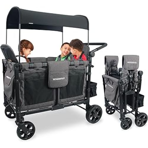 WONDERFOLD W4 Elite Stroller Wagon (4 Seater) - Collapsible Wagon Stroller with Seats with 5-Point Harnesses, Adjustable Push Handle, and Removable UV Sun Canopy, Charcoal Gray