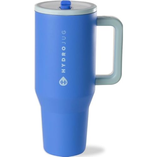 HydroJug Traveler - 32 oz Water Bottle with Handle & Flip Straw - Fits in Cup Holder, Leak Resistant Tumbler-Reusable Insulated Stainless Steel & Rubber Base - Gifts for Women & Men, Riptide