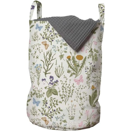 Ambesonne Floral Laundry Bag, A Vintage Garden and Plants Herbs Flowers Botanical Classic Design, Hamper Basket with Handles Drawstring Closure Organizer for Laundromats, 13" x 19", Reseda Green Beige