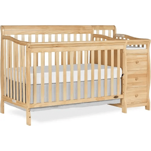 Dream On Me Brody 5-in-1 Convertible Full-Size Baby Crib & 3-Drawer Changer in Natural, Pinewood, GreenGuard Gold & JPMA, 1” Changer Pad, 3 Mattress Heights, Converts to Toddler & Full Size Bed