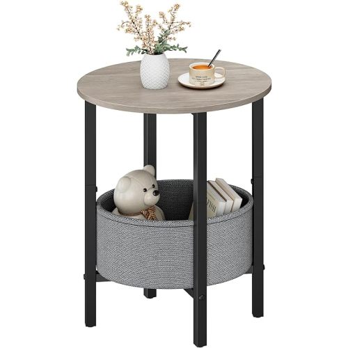 Vagusicc Round Side Table End Table with Storage Basket, Small Side Table Round Nightstand for Small Spaces, Tall Oval End Table with Steel Frame, Coffee Bedside Table for Living Room Bedroom, Greige