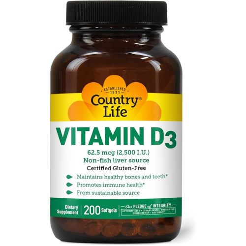 Country Life Vitamin D3 2500 IU – Non-Fish Derived, High Potency Vitamin D3 for Bone Strength, Immune Support & Calcium Absorption – Certified Gluten-Free, 200 Softgels
