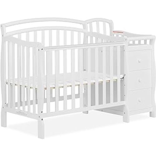 Casco 3-In-1 Mini Crib And Changing Table In White, Convertible Crib, Made Of Pinewood, Three Position Adjustable Mattress Height Settings
