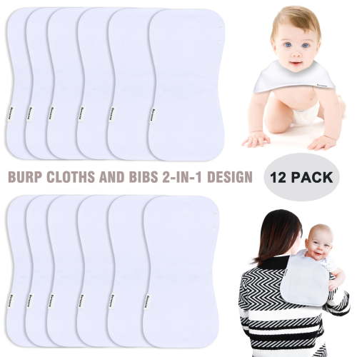 Benoxine Unisex Organic Burp Cloths and Bib 2-in-1 Design Set, 12-Pack Ultra Absorbent Burping Cloth