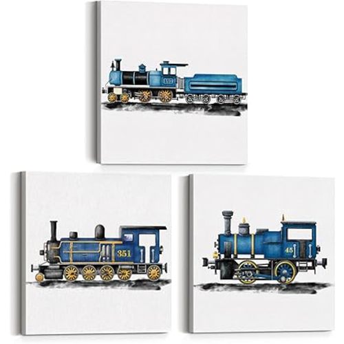 Set of 3 Blue Steam Train Nursery Vehicle Art Canvas Wall Art Framed Paintings Prints Watercolor Steam Locomotive Canvas Wall Decor for Home Kids Bedroom 12x12 Inch