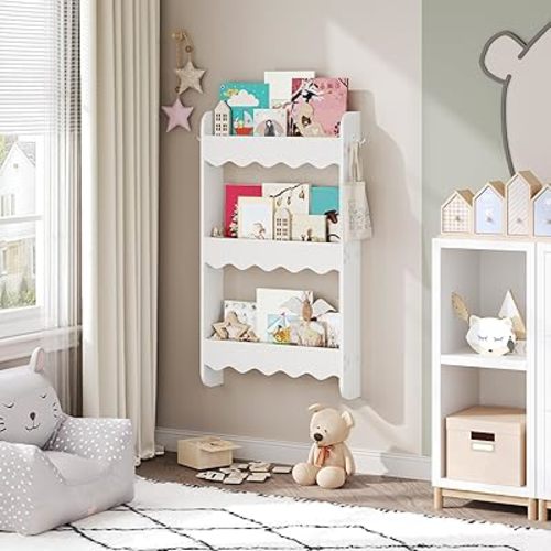 MAHANCRIS Kids Bookshelf, 3-Tier Wall Mounted Bookshelf, Wooden Behind The Door Book Storage, Hanging Book Shelf for Kids Room, Playroom, Bedroom, Nursery, White KBWT8701