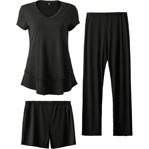 SUNNYBUY 3 PCS Maternity Breastfeeding Pajamas Set, Hidden Nursing Tops, Adjustable Pregnancy Shorts & Pants Postpartum PJS