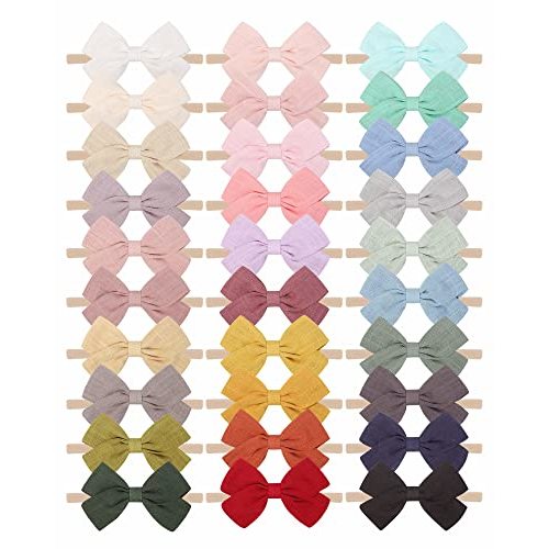 jollybows 30pcs Baby Girls Nylon Hair Bows Headbands Linen Bands Elastic Accessories for Kids Infants Newborn (3-30 PCS Solid Linen)