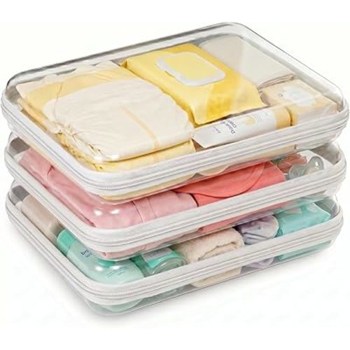3 Pack Large Clear Hard Shell Zipper Case, Diaper Bag Organizer Pouches, Water-Resistant Travel Toiletry Bags for Baby Essentials, Toys, Cables, Crafts, Makeup, White
