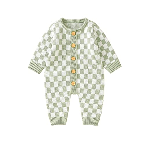 Infant Baby Girl Boy Knitted Sweater Romper Jumpsuit Checkerboard Plaid Print Long Sleeve Button Down Bodysuit
