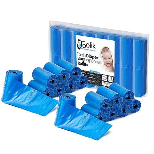 Toolik Diaper Bag Dispenser Refills Disposable Unscented Waste Bags (16 Rolls - 240 Bags)
