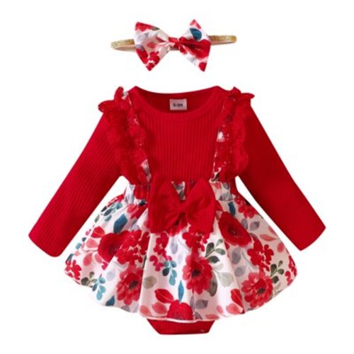 JAKANYQ Bodysuits Infant Girls Long Sleeve Floral Prints Ribbed Romper Newborn Bodysuits Dress Headbands Set Comfy Breathable