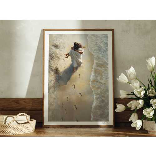 He Carried Me | Handmade Fine Art Print | Jesus Christ Portrait | Painting | God Wall Gift | Footprints in the Sand | Jesus on the Beach