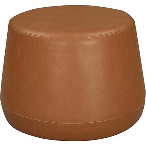 Lifestyle Solutions 24” Waverly Ottoman Round Faux Leather Bench, Stationary Ottomans, Backless Chair, Footrest for Living Room, Footstool Office, Bedroom, Padded Seat, Caramel Brown