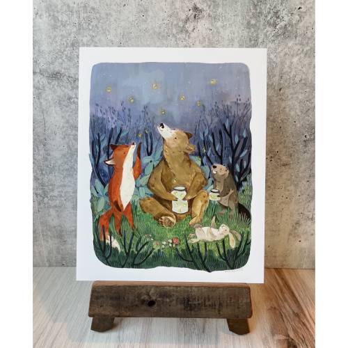 Firefly Night Print | Gouache Art Print | Woodland Wall Art | Boys Nursery Art | Girls Nursery Art | Beaver Wall Art | Fox Wall Decor