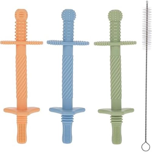 Nuby Silicone Teething Tubes – 3-Pack Teething Straws for Babies, Multiple Texture Teething Sticks Sized for Little Hands, 3M+, Boy/Neutral