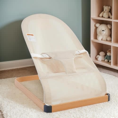 ANGELOGJGT Baby Bouncer - Portable Bouncer Seat for Babies, Ergonomic Design Baby Bouncy Seats Infant with Mesh Fabric Natural Vibrations, Beige