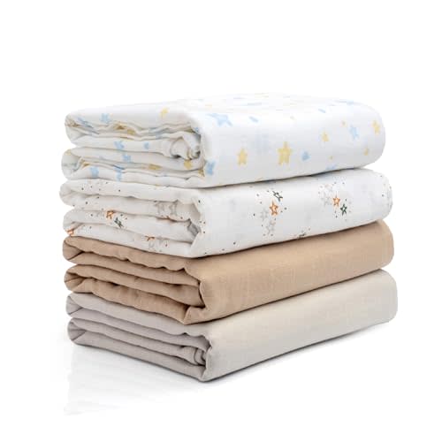 Salt Earth GOTS Certified 100% Organic Cotton 2-Layered Swaddle Baby Blanket, 4 Pack, 47"x 47" Receiving Blankets for Swaddling, Wrap for Boy & Girl, Newborn Baby Essentials, Registry (Solids & Stars)