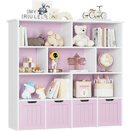 FINETONES Toy Storage Organizer, Large Toy Organizers and Storage with 4 Movable Drawers and 7 Storage Cubbies, Toy Chest Shelf Organizer with Hidden Wheels, Kids Bookshelf and Toy Storage, Pink