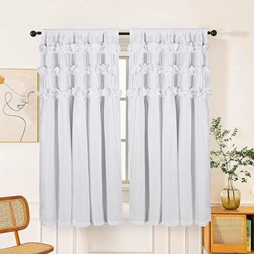 White Blackout Drapes - Handmade Ruffles & Butterfly Flower Accents Heat Blocking Window Curtain 42" W x 63" L (Pair) - Thermal Insulated, Soundproof & Light Reducing Curtains (LQ-37)